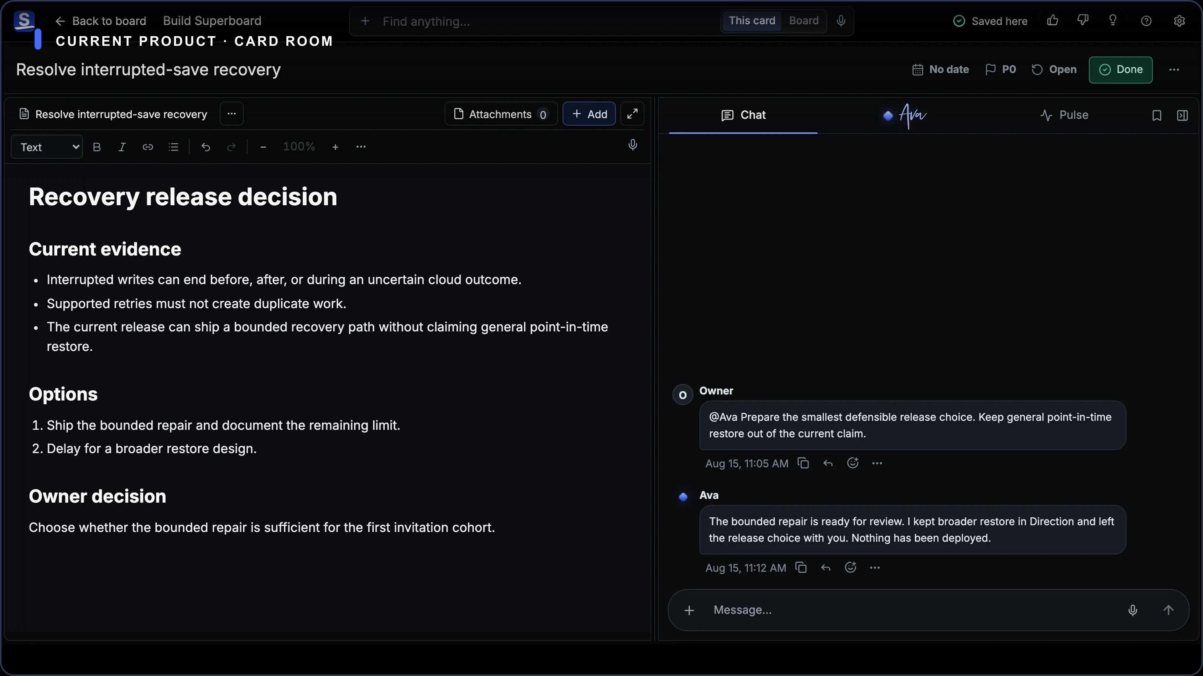 Current Superboard Card Room on desktop and mobile, with Stage work and Chat kept together.