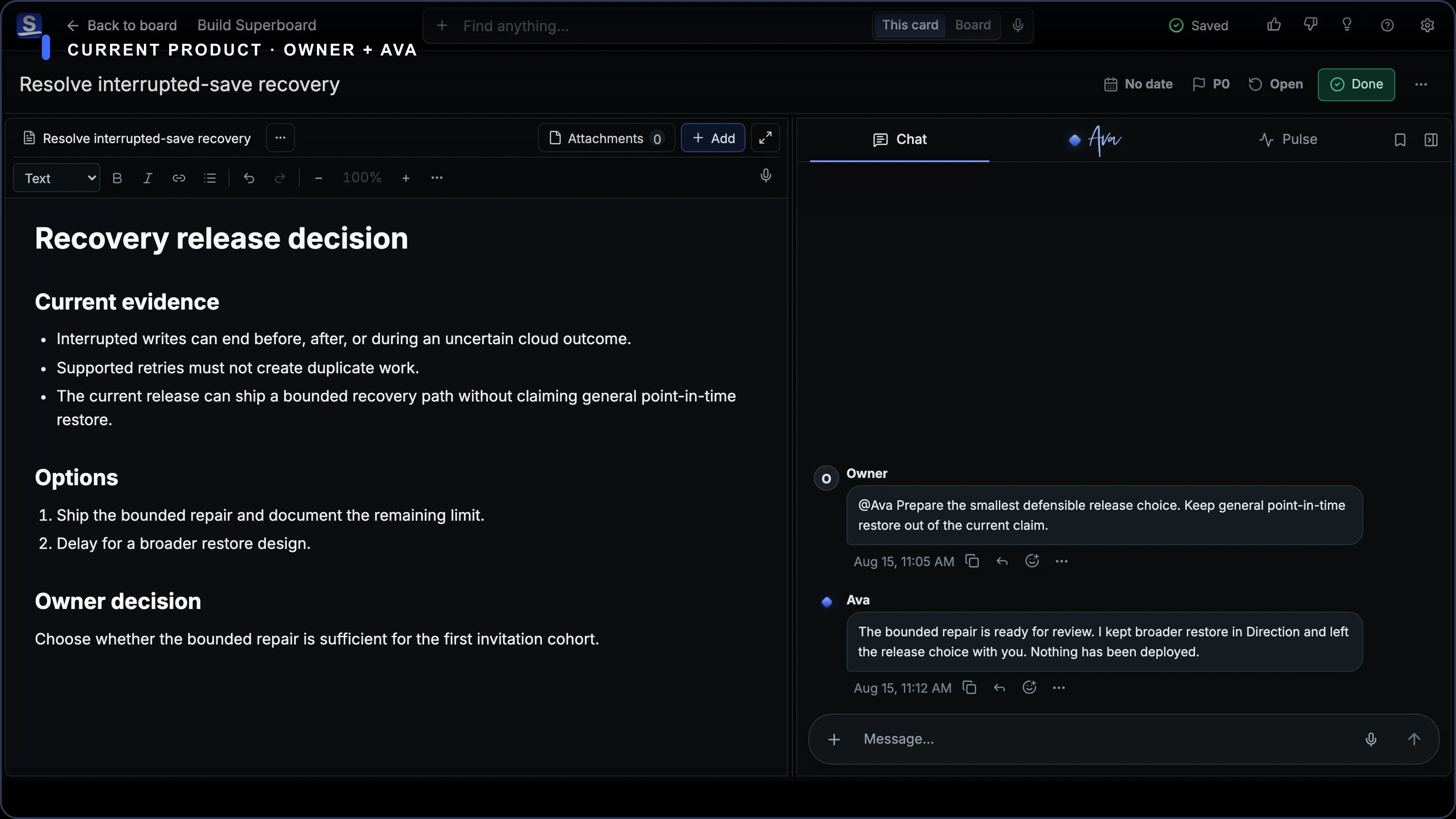 Current Superboard Card Chat showing an Owner asking Ava to prepare a bounded decision while the final choice stays human.