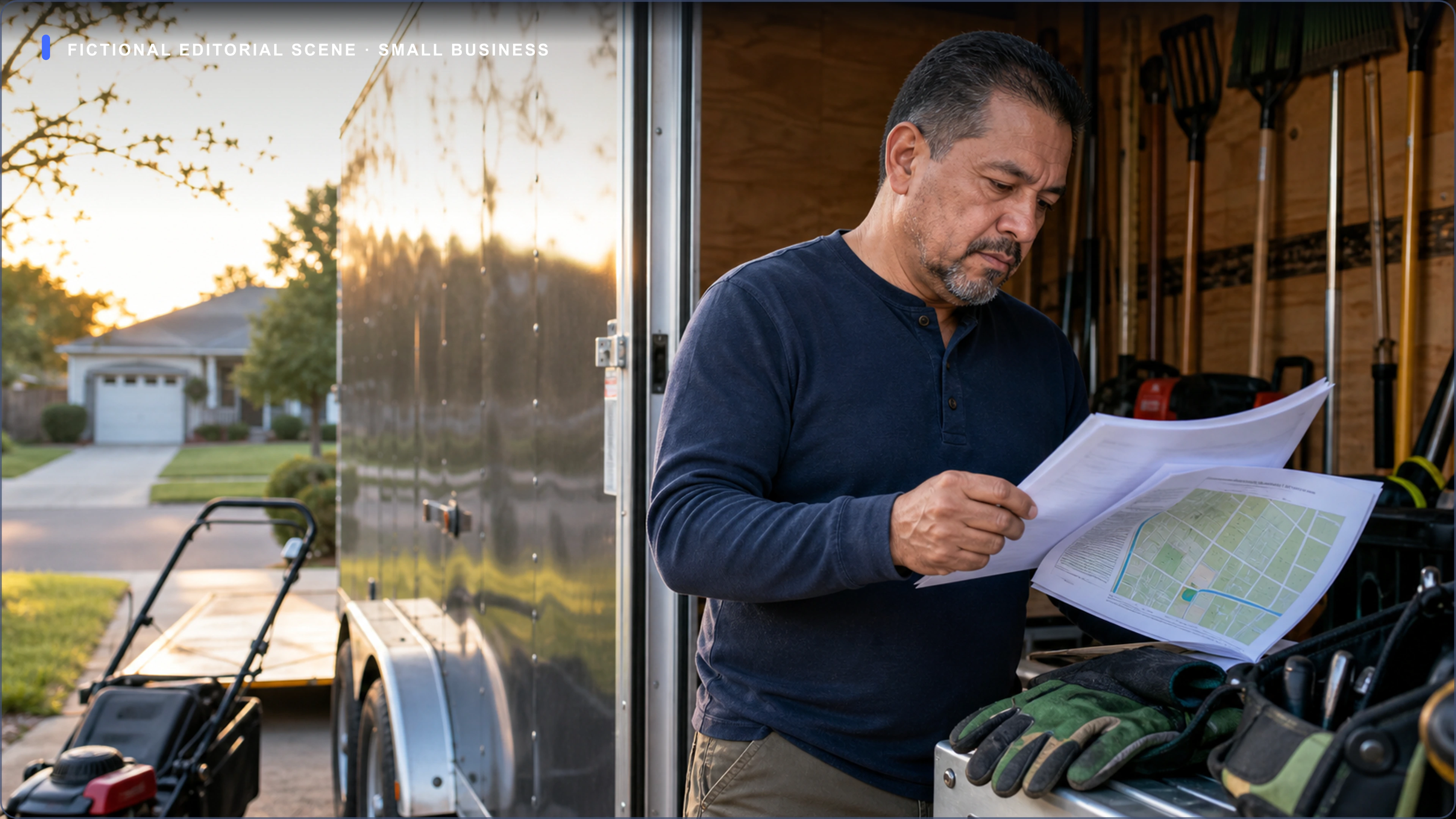 Fictional lawn-care Owner Al reviewing an estimate and route plan beside his equipment before the workday.