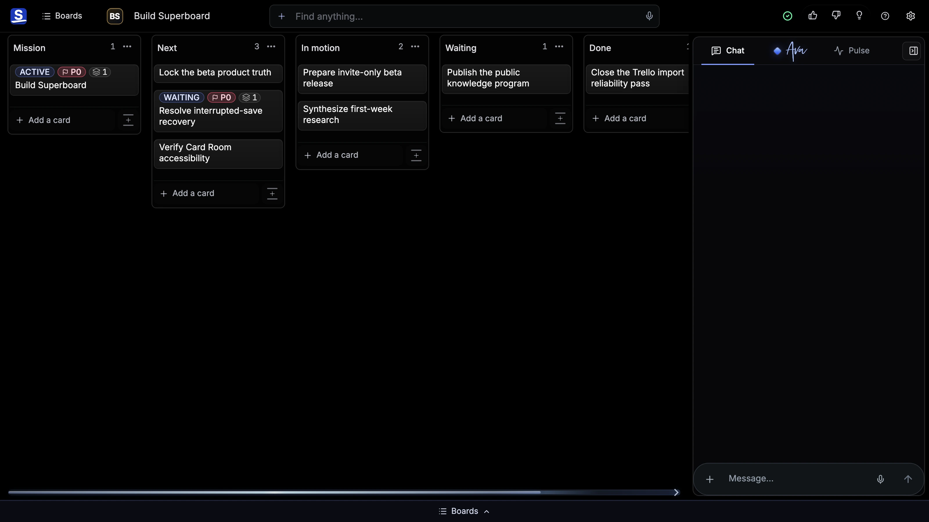 How Superboard is built in Superboard Board with a deterministic set of populated Lists and Cards.