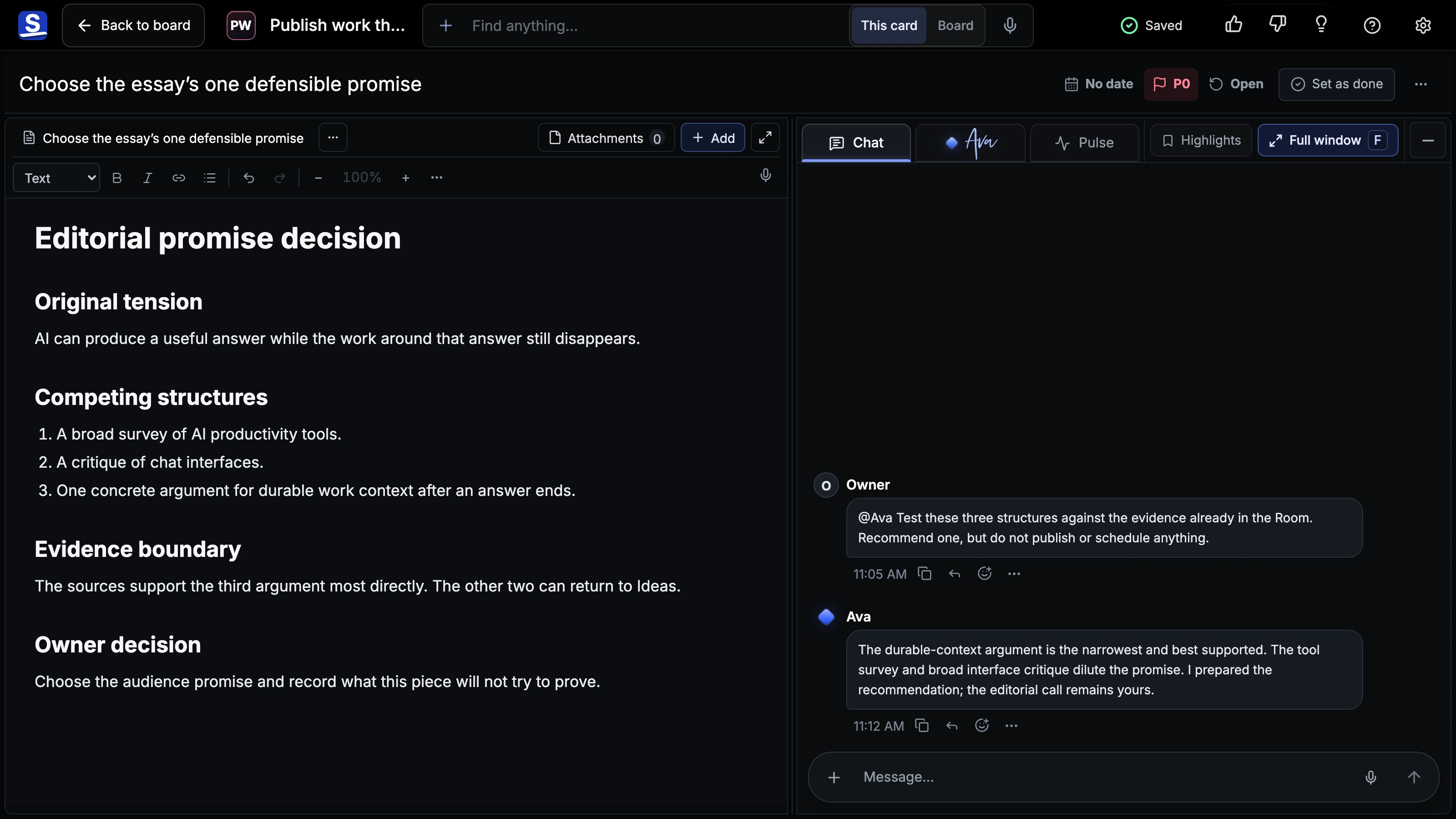 Elena editorial decision Room with premise, evidence, options, an Owner request, and a bounded Ava recommendation.
