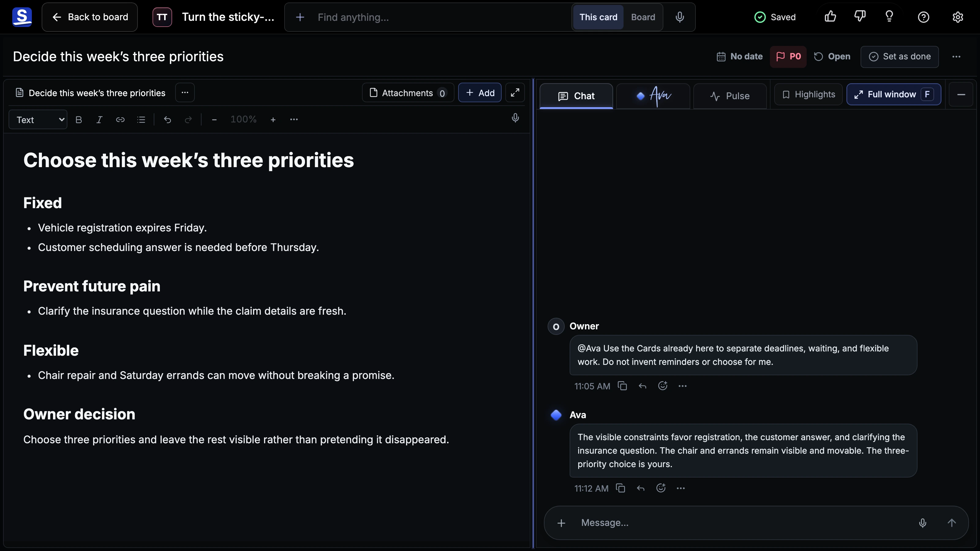 Riley priority Room showing a short decision brief, explicit Owner message, and Ava response beside the current work.