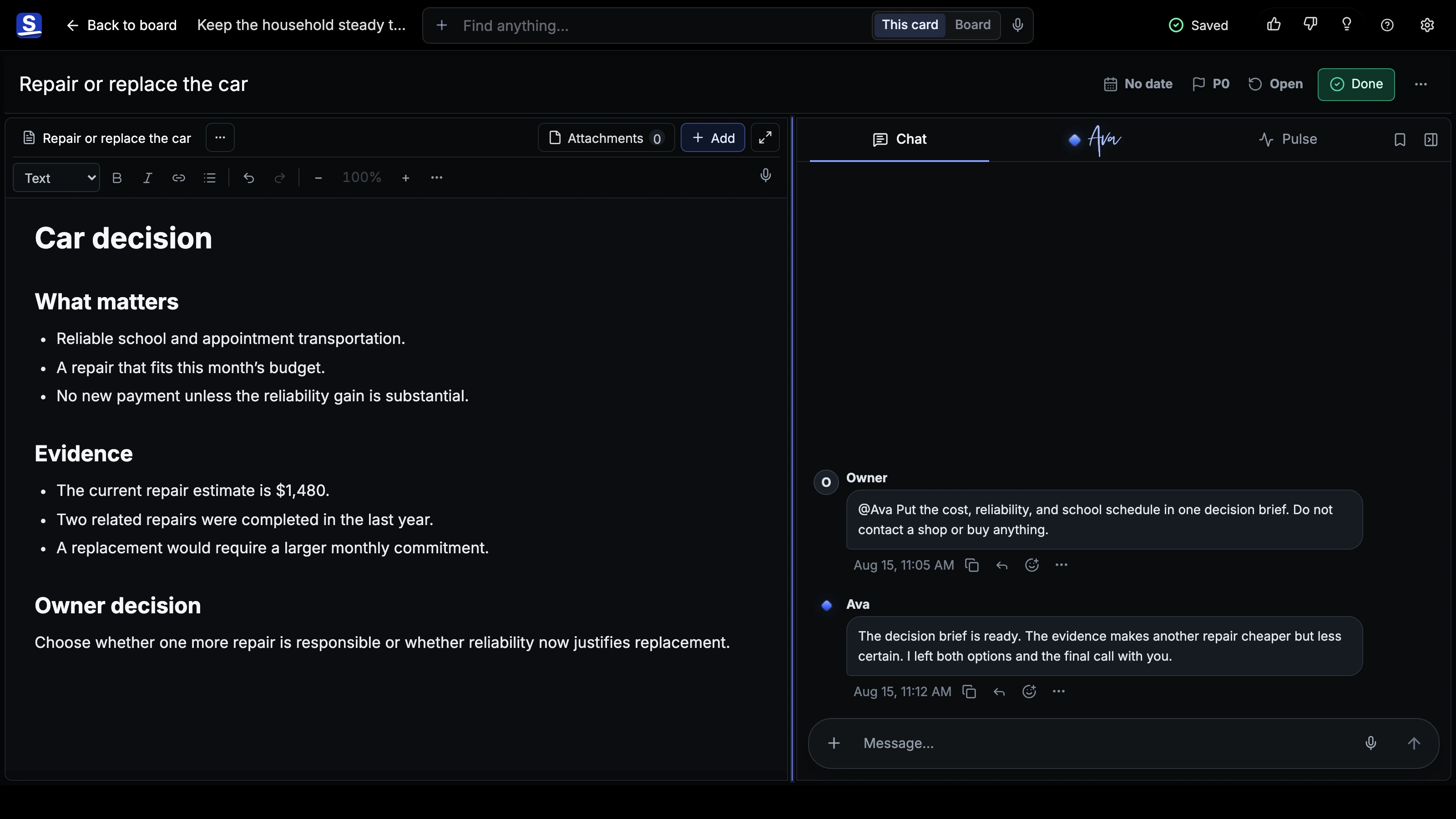 How one household Owner keeps life from disappearing into reminders Card Room showing current Stage, Chat, and work context.