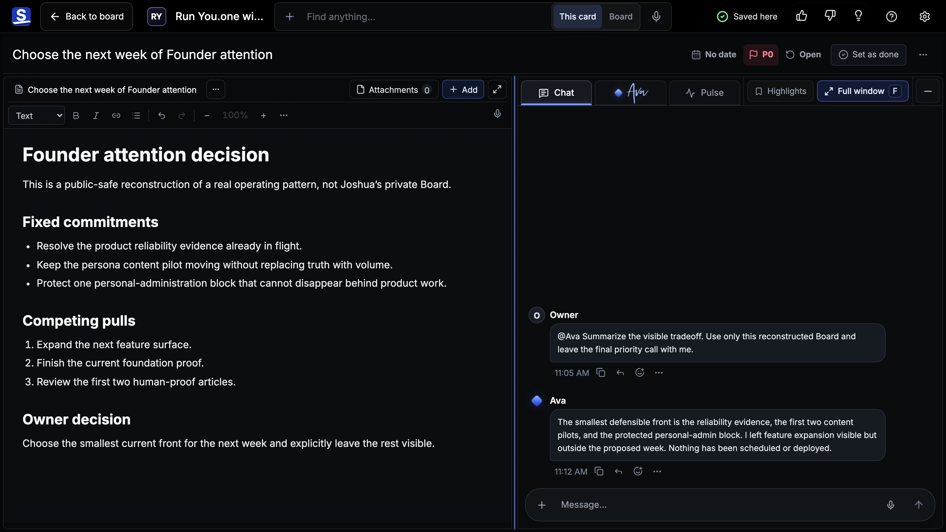 Reconstructed Founder decision Room showing a working brief beside an explicit request to Ava and the attributed response.