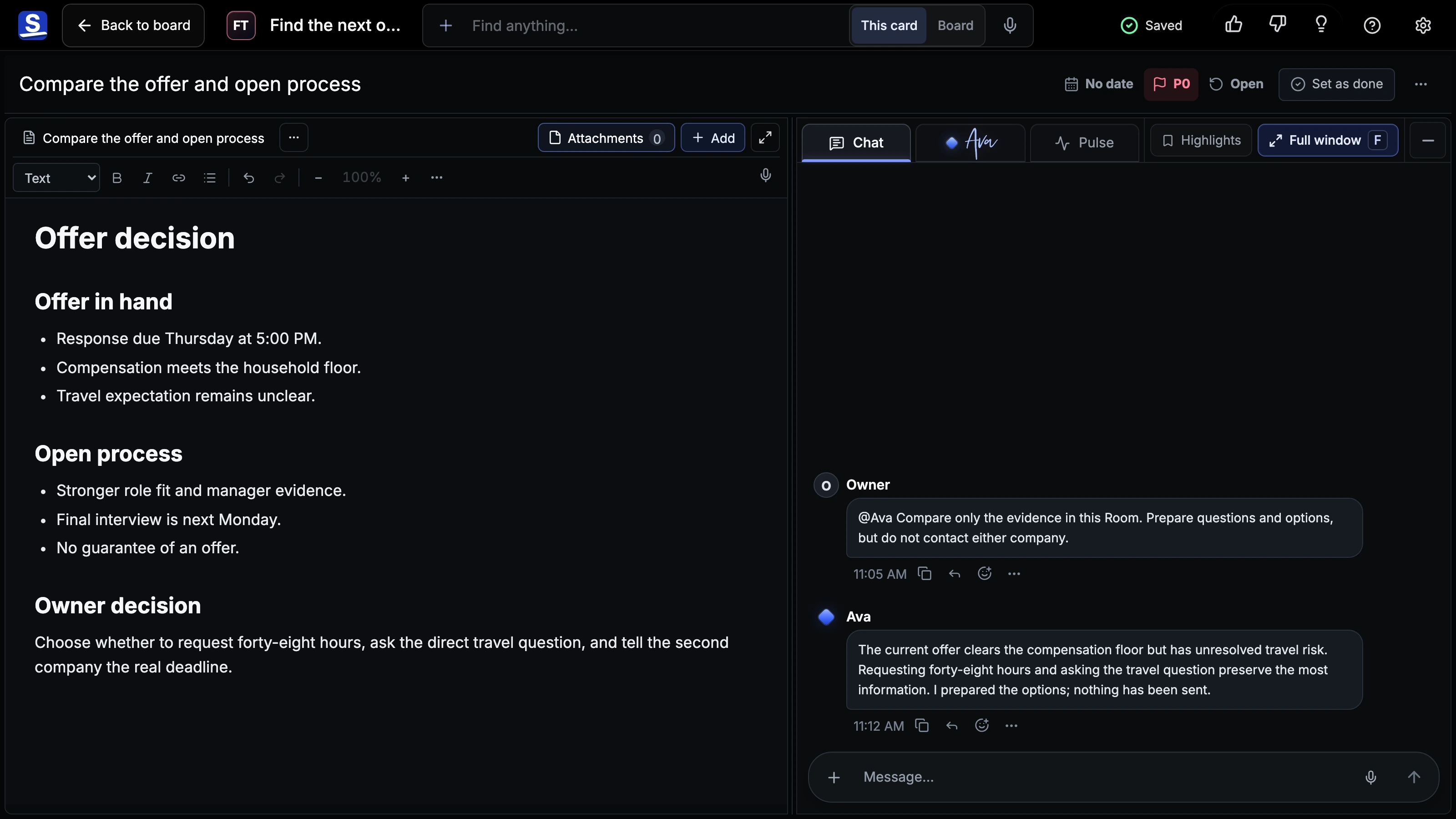 Darnell offer decision Room with evidence, constraints, an Owner request, and an Ava-prepared comparison that sends nothing.