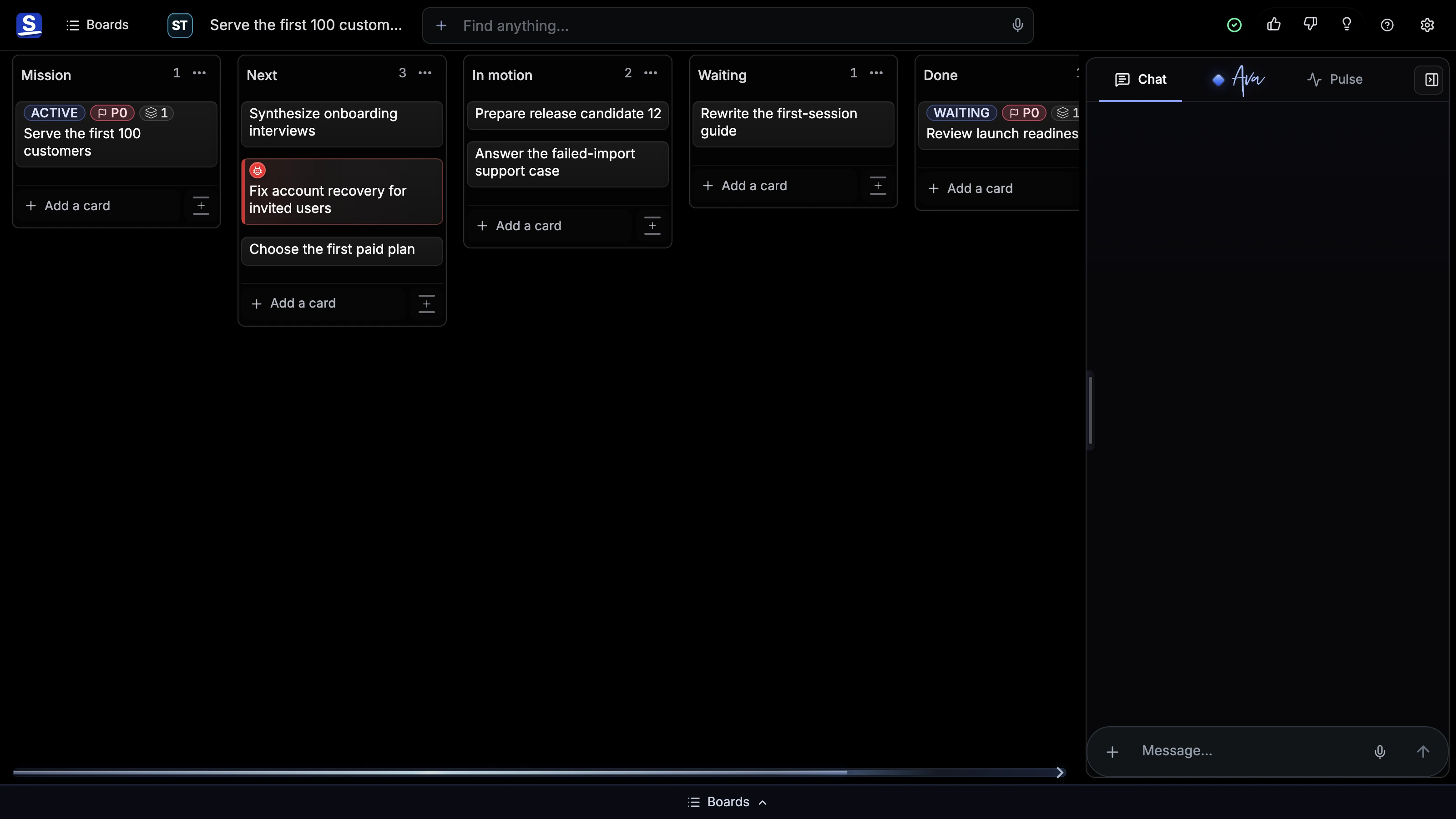 How a solo product founder runs the whole product in Superboard Board with a deterministic set of populated Lists and Cards.
