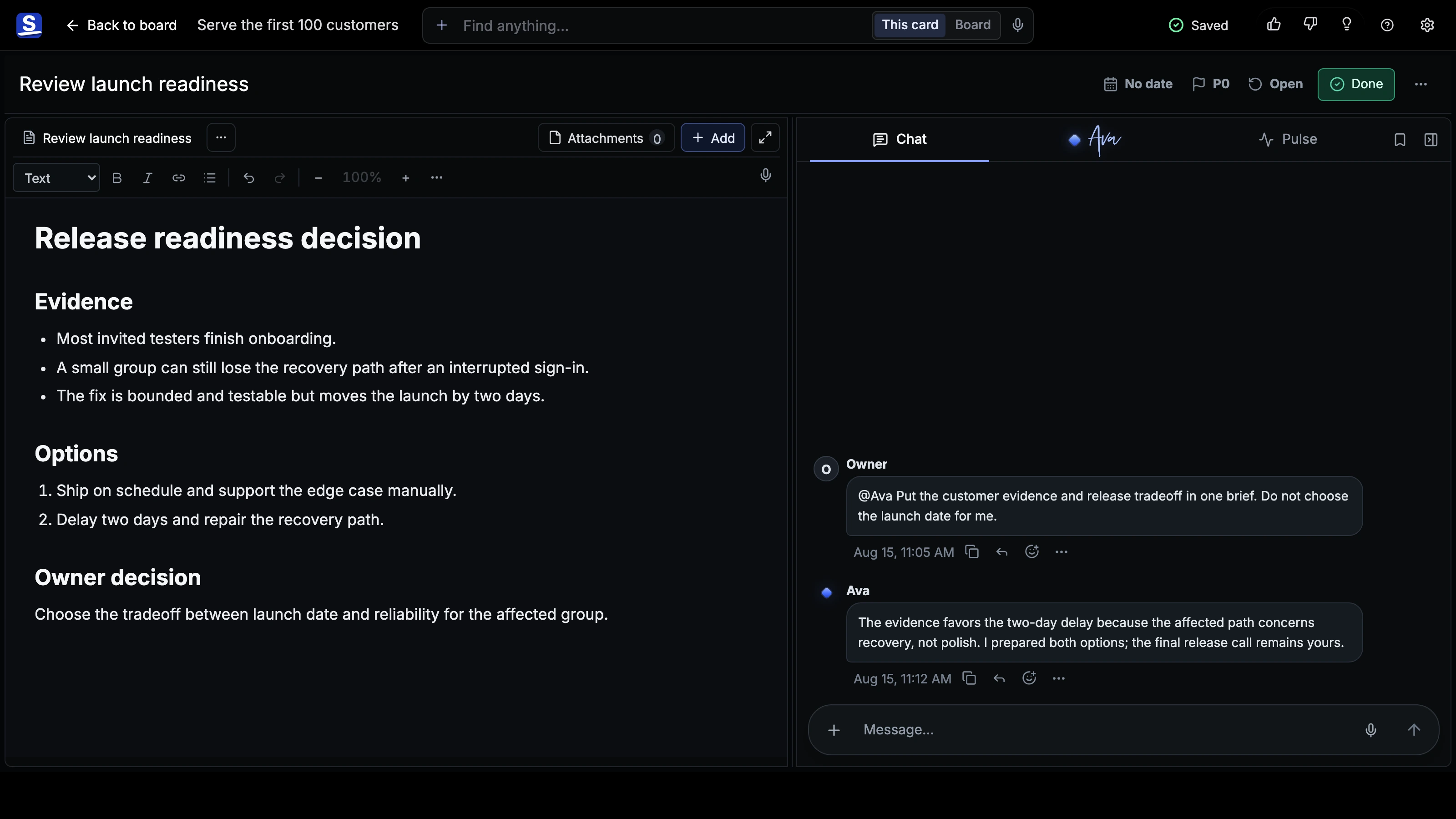 How a solo product founder runs the whole product in Superboard Card Room showing current Stage, Chat, and work context.