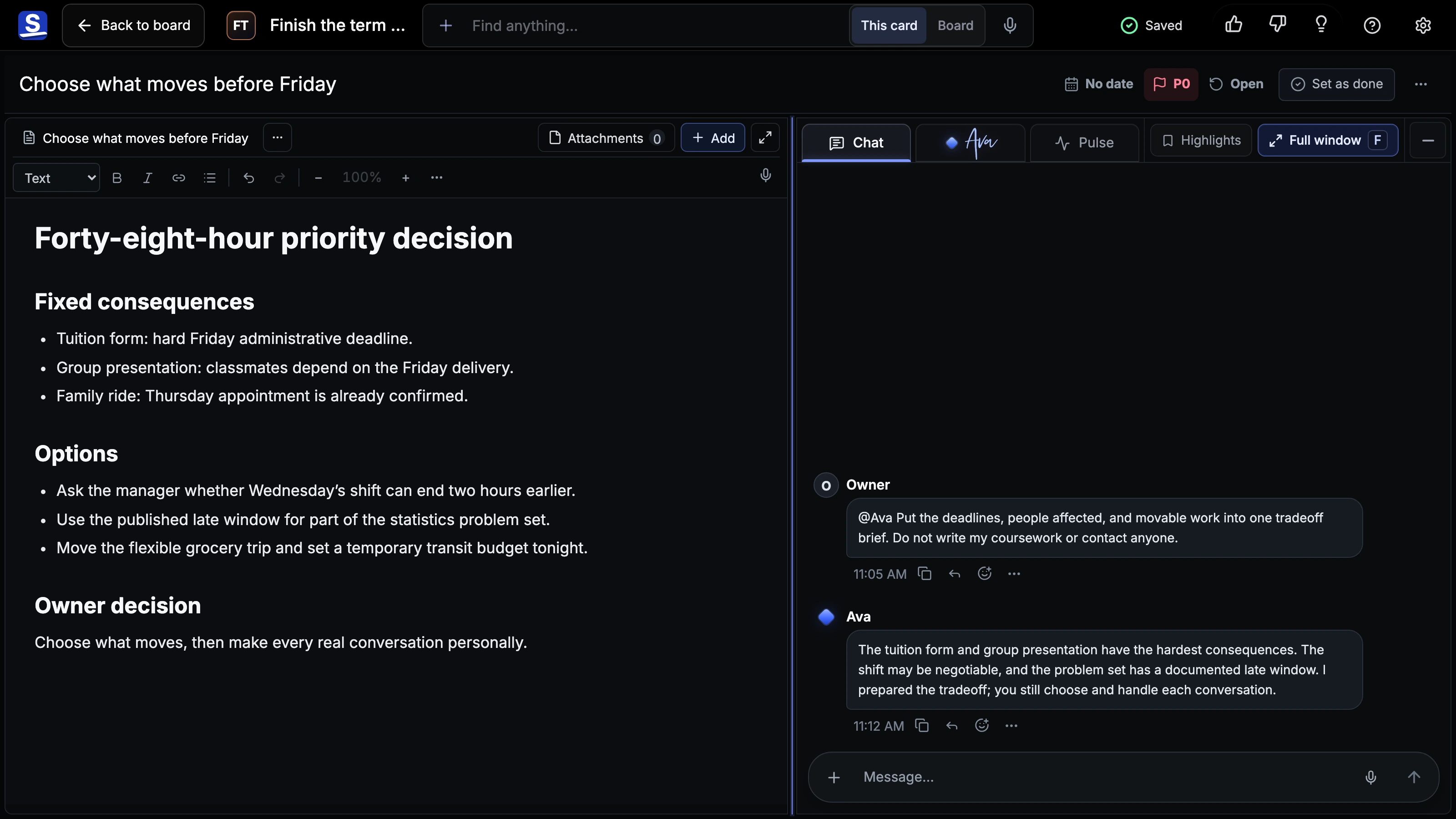 Maya decision Room with the six-obligation evidence, an explicit request for a tradeoff brief, and a bounded Ava response.