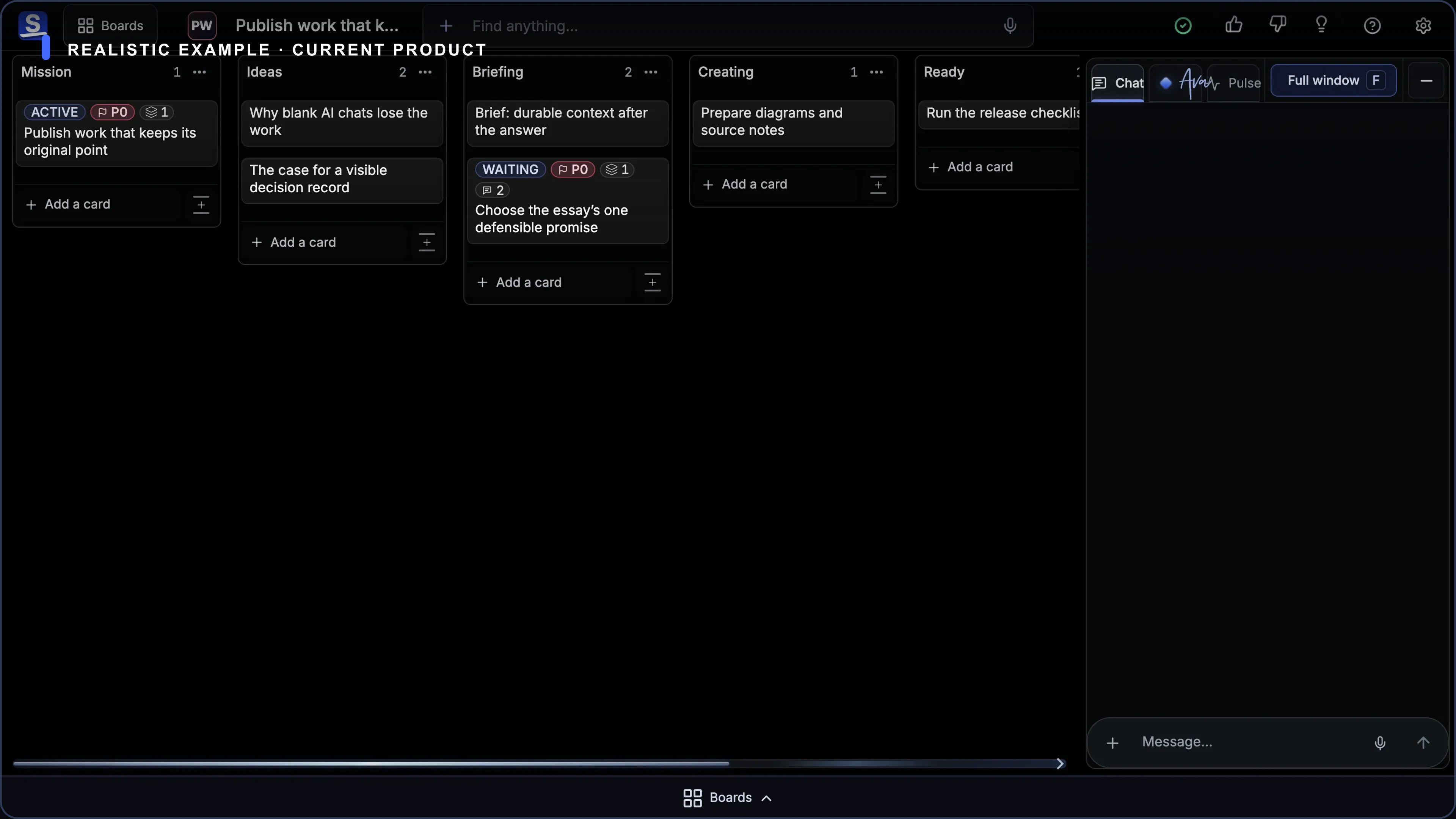 Current fictional creator Board showing ideas, briefs, work in progress, release readiness, and one editorial decision.