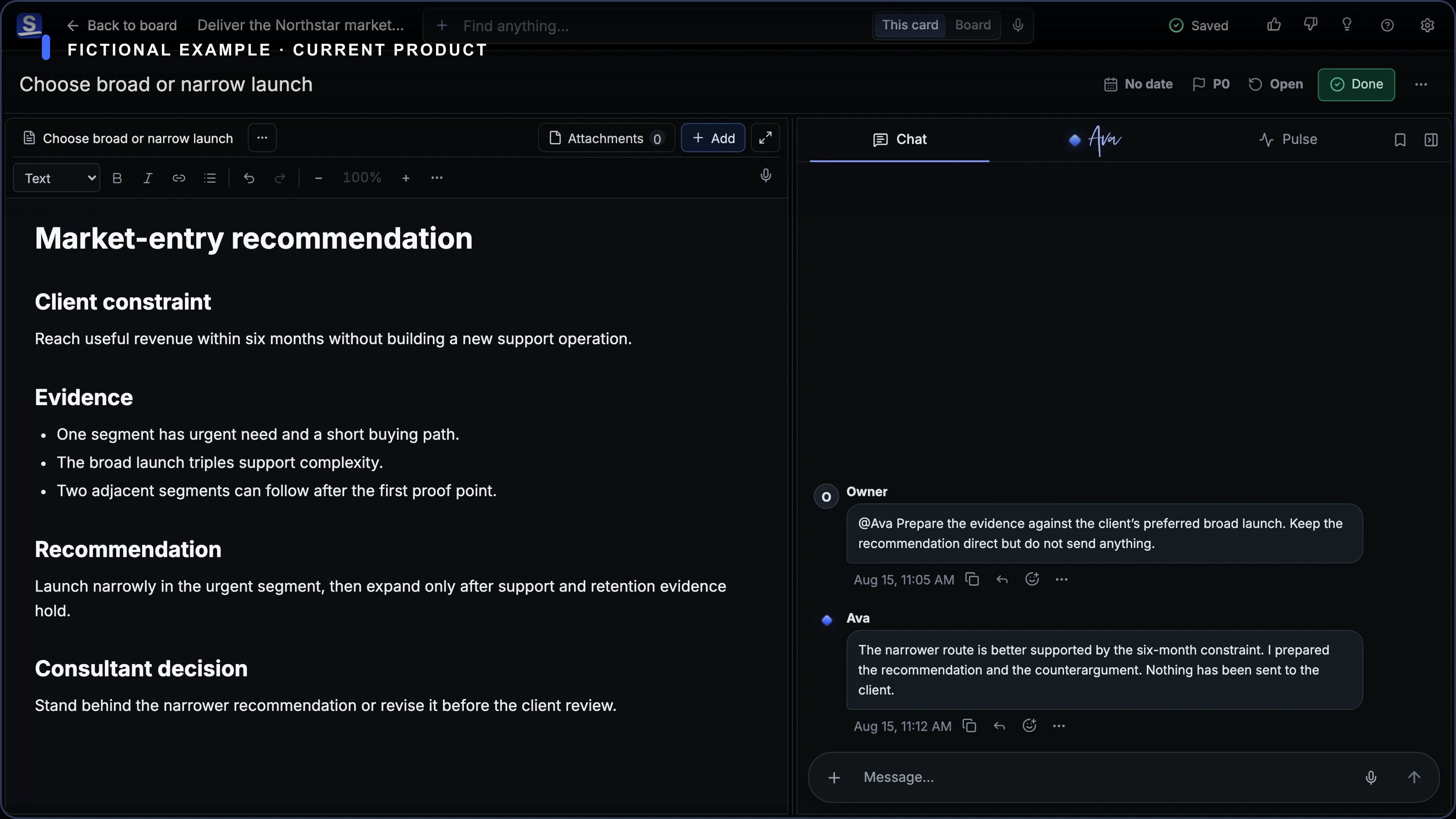 Current fictional consultant Card Room on desktop and mobile, keeping evidence, recommendation, and client decision together.
