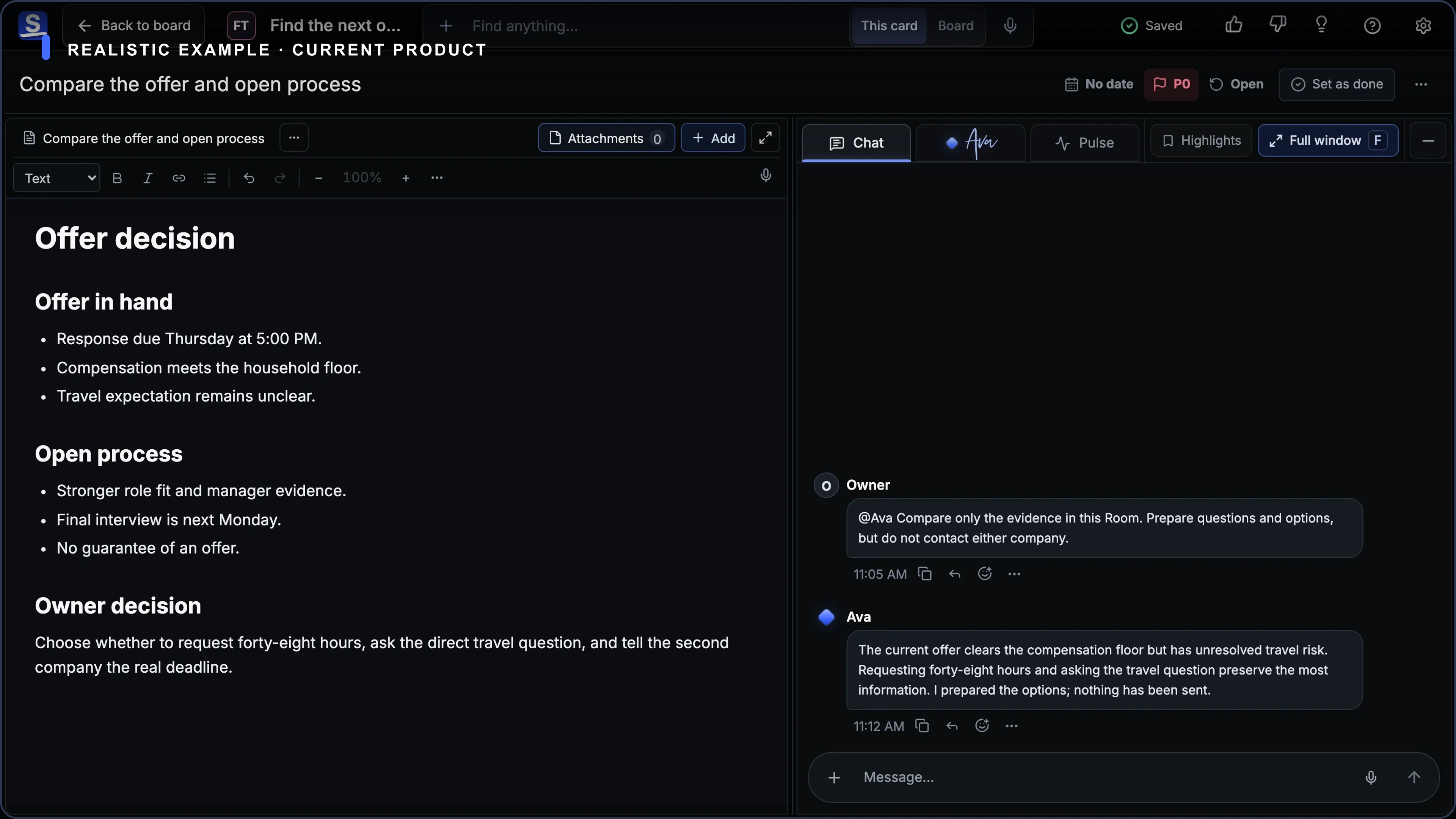 Current fictional job-search Board showing target roles, preparation, applications, interviews, waiting, closure, and one offer decision.