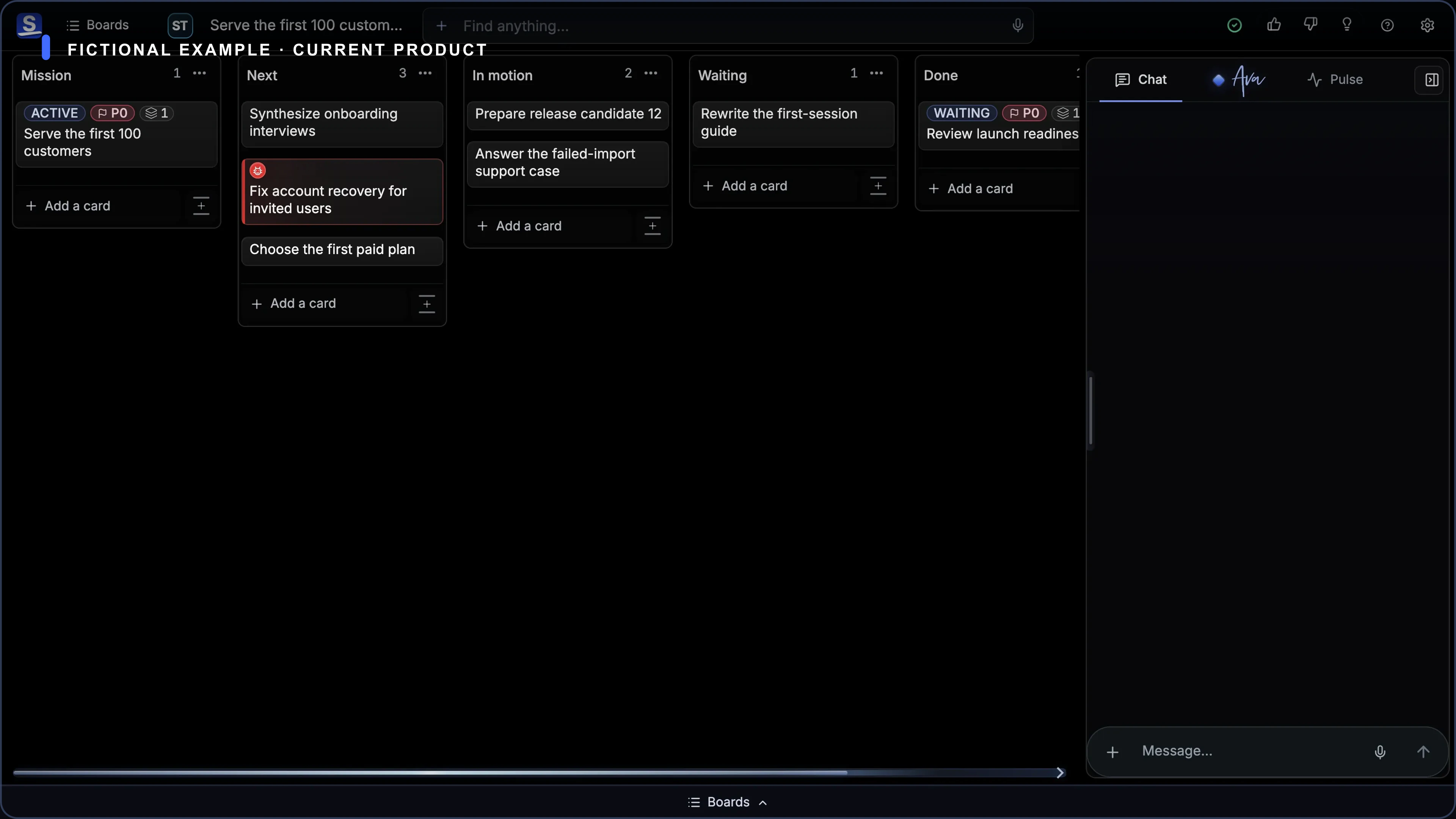 Current fictional solo-founder Board on desktop and mobile, with product, customer, release, and support work organized together.
