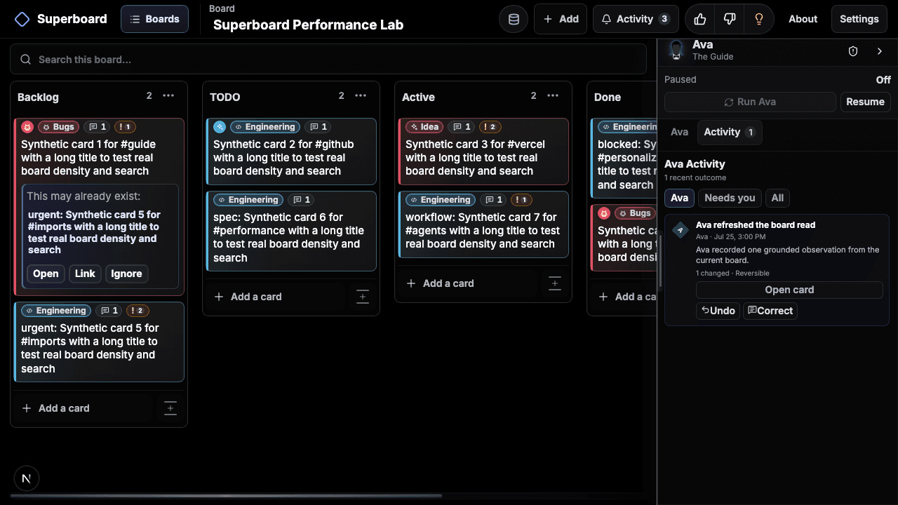 Superboard showing a live mission board with Ava inside the work.