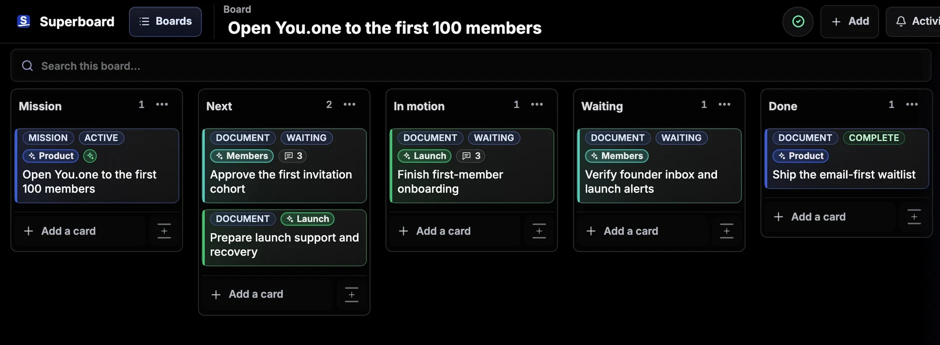 A Superboard Mission Board with priorities, work in motion, blockers, and completed work.
