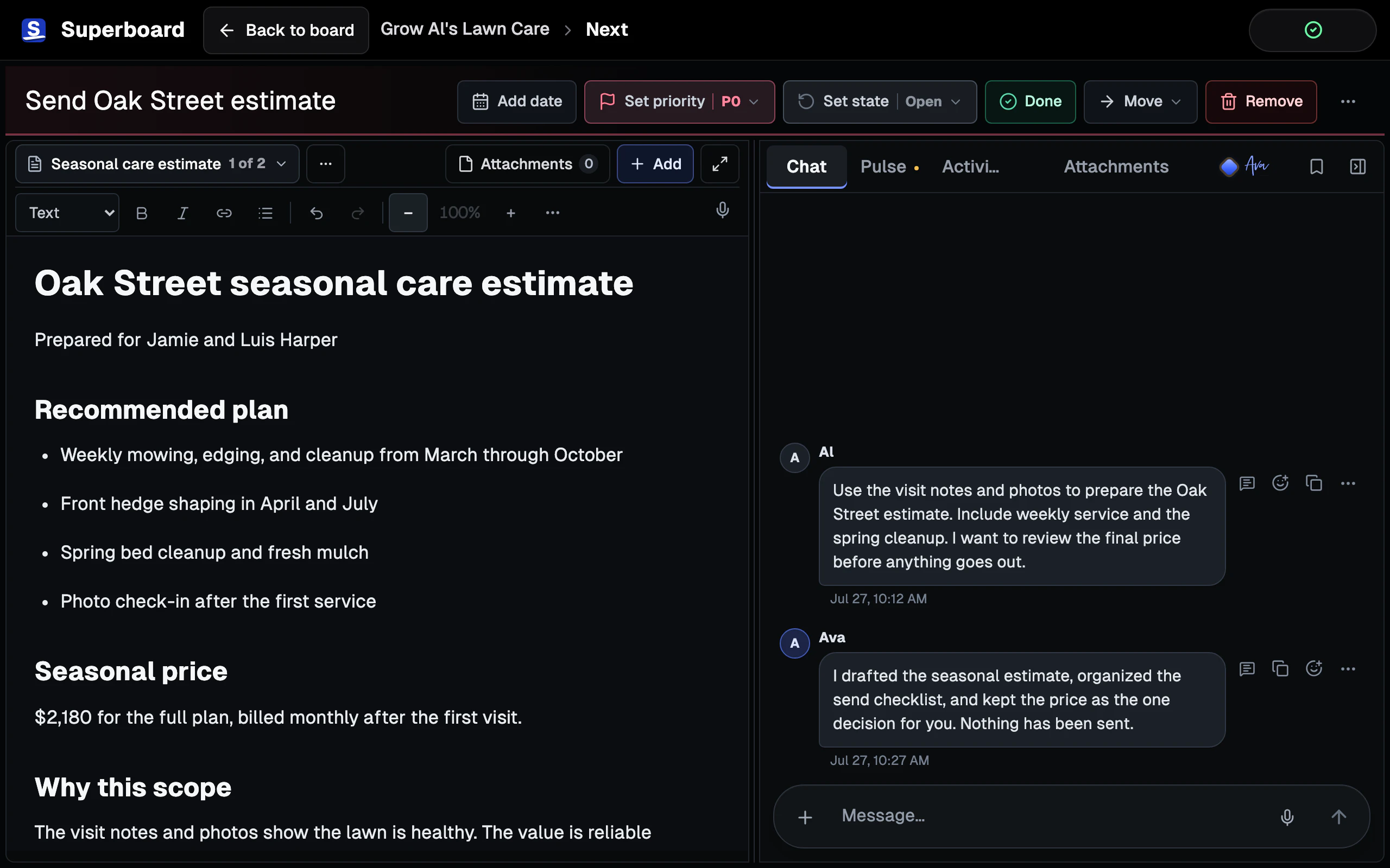 Current Oak Street Card Room showing a seasonal estimate document beside fictional example Chat messages.