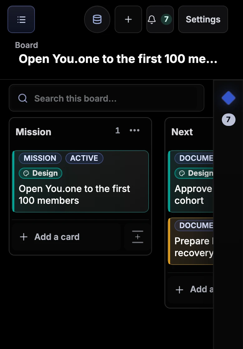 A Superboard Mission Board with priorities, work in motion, blockers, and completed work.
